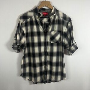 Ellie Top Women Medium Black White Gingham Plaid Button Down Blouse Cuff Sleeves